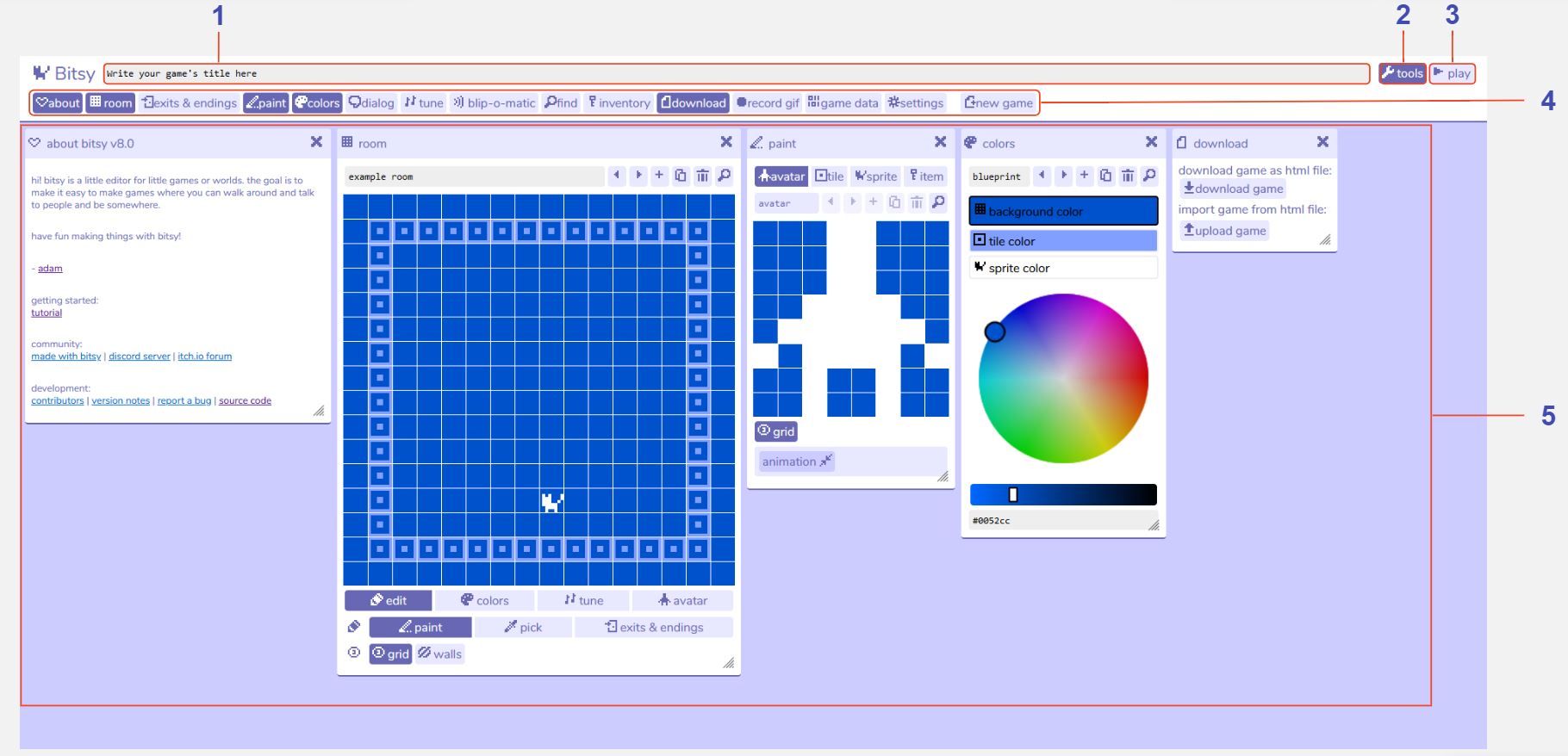 main screen of Bitsy